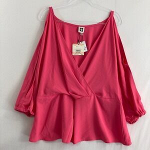 New Anne Klein Blouse size 2X Pink Red Cold Shoulder Surplice Feminine Evening